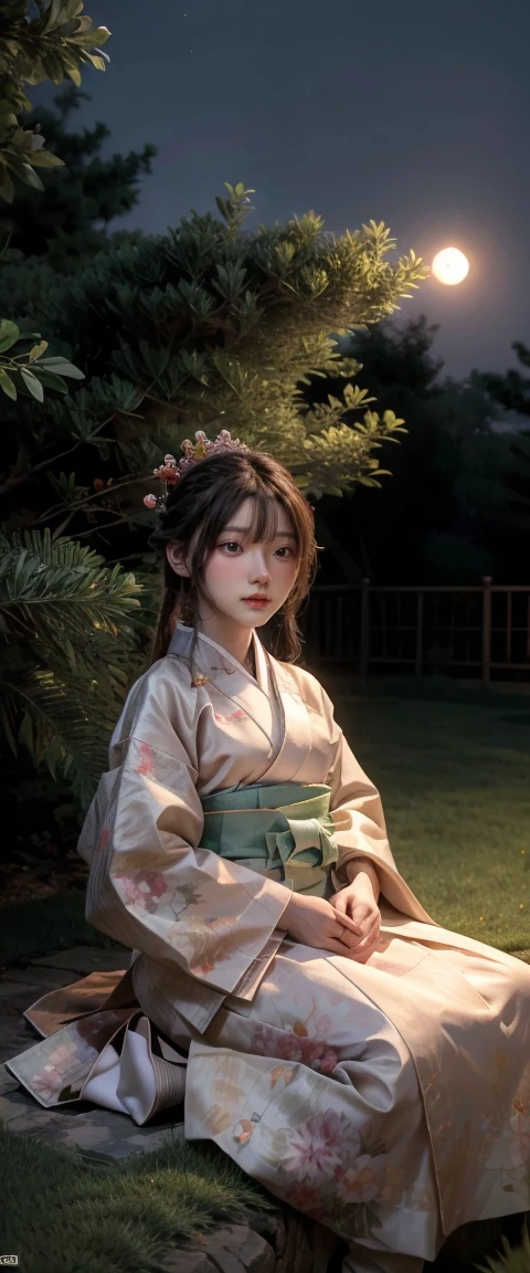 คุณpictureดีที่สุด, high_resolution, different_picture, Detailed background ,girl, Hanbok,flower,garden,moon, nighttime,Dutch corner, wide angle shot, crown, 