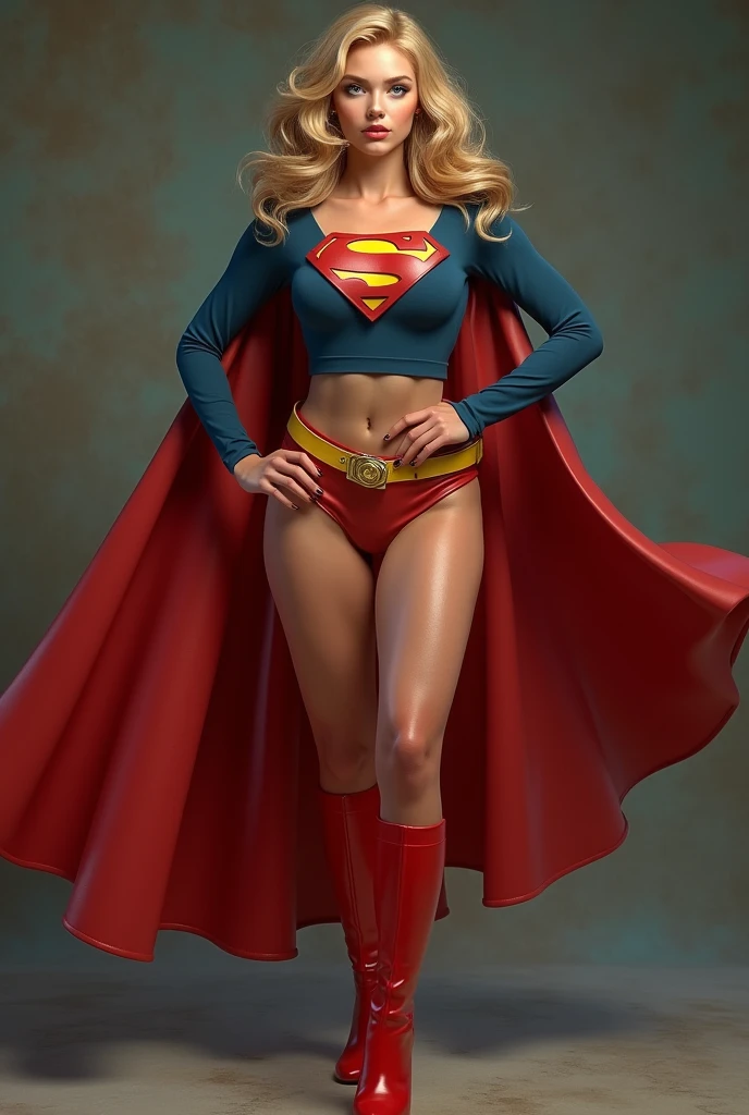 A SEXY BUSTY BLONDE FEMALE WITH BLUE EYES WEARING A 1970 SPLIT OPEN V BUTTONLESS FULL LENGTH BLUE V BLOUSE WITH A "S" EMBLEM ON THE RIGHT SIDE OF HER CHEST, A PAIR OF RED LEATHER SHORTS WITH A YELLOW SUPERMAN BELT, TALL RED HEELED BOOTS, AND A LONG FLOWING RED CAPE. PHOTO REALISTIC, HYPER DETAILED AND TEXTURED.