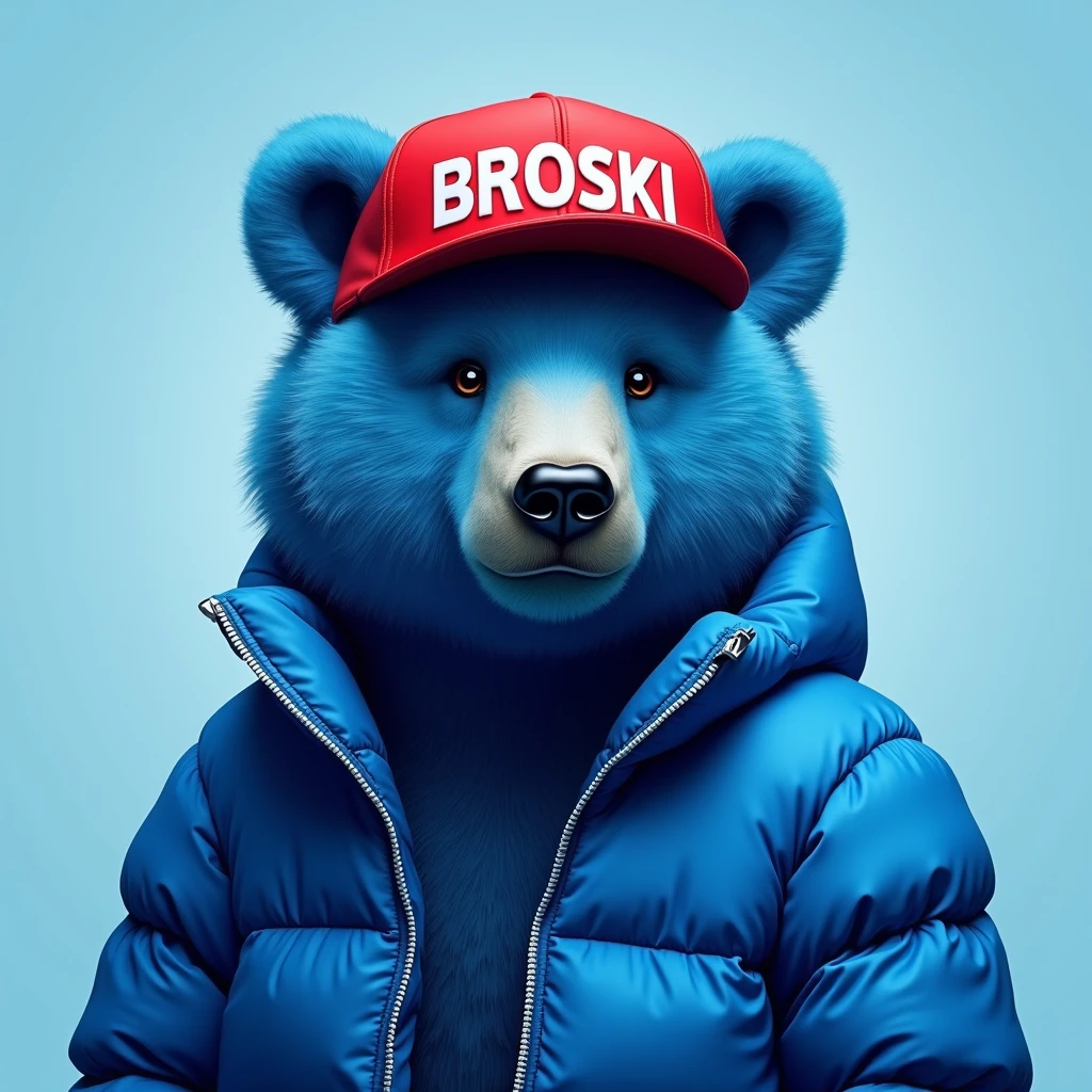 blue bear , light blue background , edgy , portrait , noble , red hat broski , capital letter BROSKİ on your hat , blue puffer jacket   