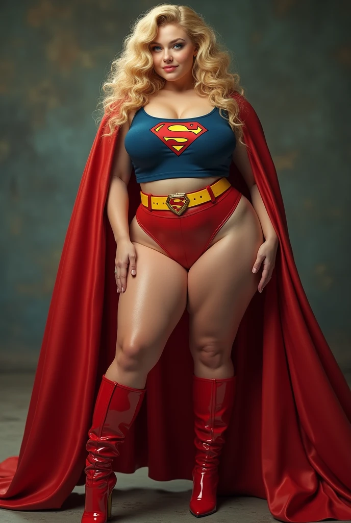 A SEXY BUSTY BLONDE TEEN FEMALE WITH BLUE EYES WEARING A 1970 SPLIT OPEN V BUTTONLESS FULL LENGTH BLUE V BLOUSE WITH A "S" EMBLEM ON THE RIGHT SIDE OF HER CHEST, A PAIR OF RED LEATHER SHORTS WITH A YELLOW SUPERMAN BELT, TALL RED HEELED BOOTS, AND A LONG FLOWING RED CAPE. PHOTO REALISTIC, HYPER DETAILED AND TEXTURED.