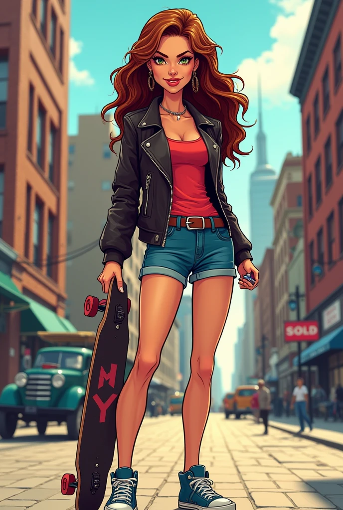 Cartoon drawing of a woman holding a skateboard by her side, with a candy bar in her mouth, long wavy hair, wearing a tank top and a long-sleeved leather jacket over it, short jeans, and cool sneakers, with a cool style, American, beautiful face and fierce Western style, the place is New York City.