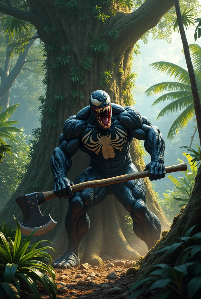 Venom is cutting a large tree in the Amazon jungle, and he has already cut halfway through the tree