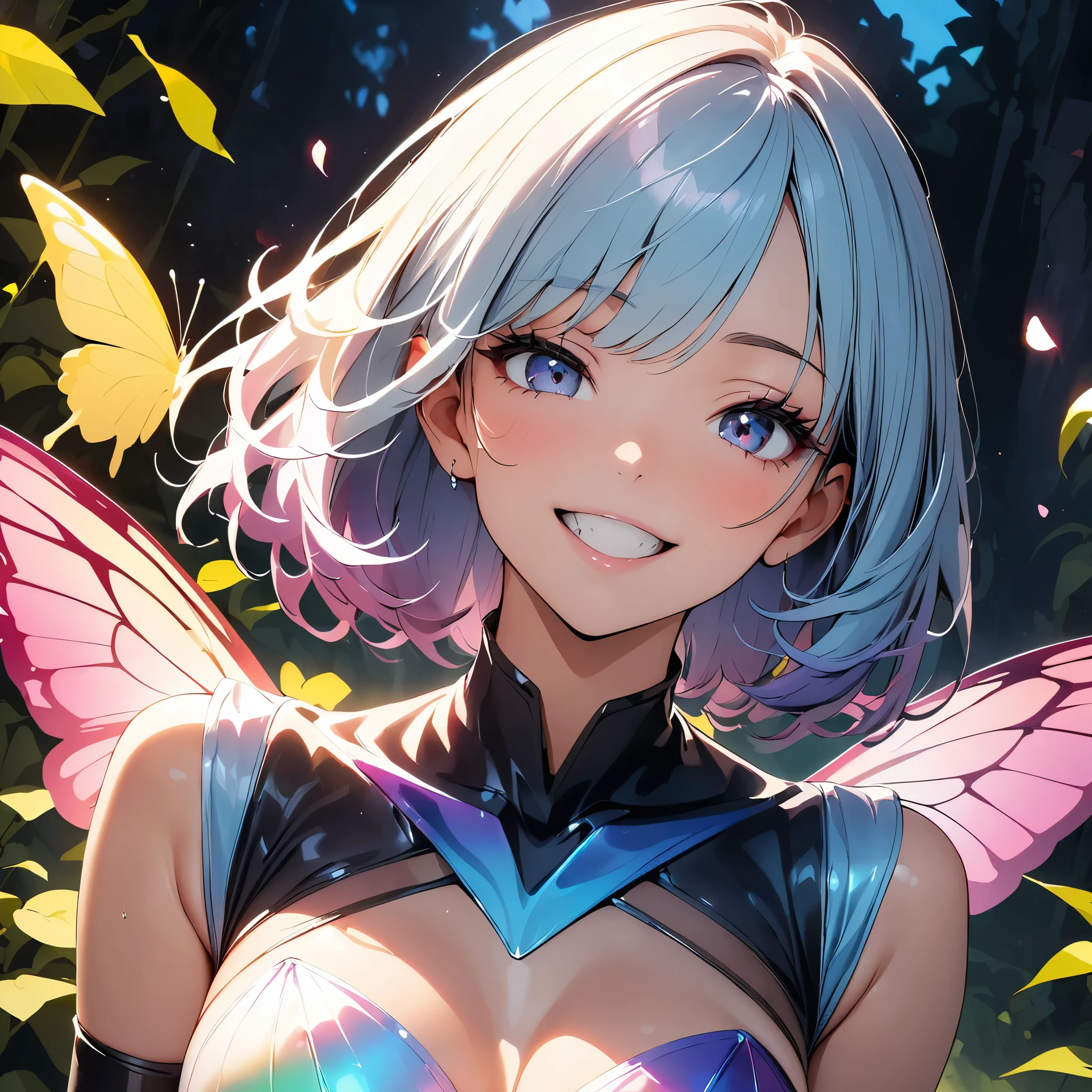 With butterfly wings, Beautiful young woman surrounded by flower petals, Detailed face, Long eyelashes, Graceful pose, Captivating smile, ((crazy smile)), Tilt your head, Clothing that fits the lines of the body, Glowing Thin Film Interference Costume, Cinema Lighting, Calm colors, Mysterious, Ultimate fantasy, (Highest quality:1.2, Very detailed, Latest, Vibrant, Ultra-high resolution, High Contrast, masterpiece:1.2, Best aesthetics), (((1 person))), Carefully drawn, Petals fluttering, wood々Leaf background, Soft Focus, Cinema Lighting, Exquisite detail