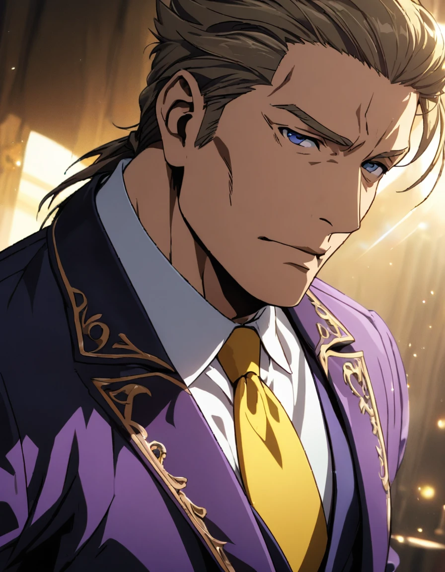 1man, solid mature male, masculine president, spiked slicked back, olive hair, darkblue eyes, businessman hairstyle, BREAK dignified playboy, toned japanese, ideal ratio body proportions, borad face, bold celeb, BREAK violet formal jacket, purplewhite shirt, yellow necktie, BREAK solo, cool emotion, romance, BREAK solo, upperlegs, smart expression, game keyvisual, 2000s, in eroge style, in persona style, BREAK depth of field, dutch angle, cinematic shadows, cinematic lighting, lens flare, light leaks, texture, absurdres absolutely resolution, extreme all detailed, greatest painting, BREAK masterpiece, best quality