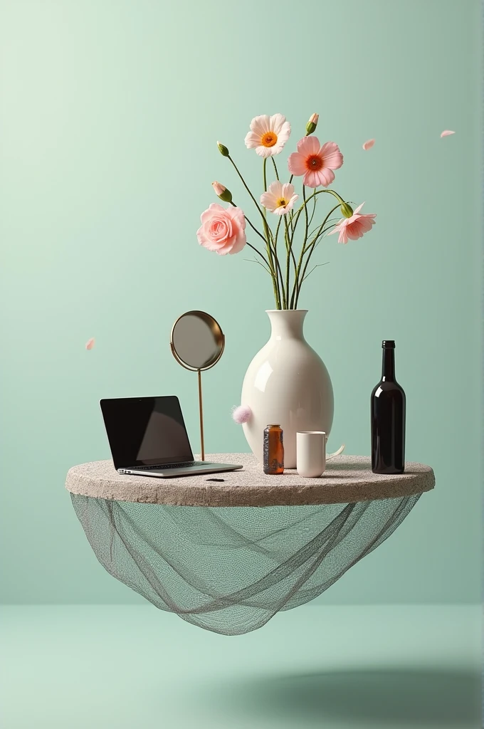 6 objects on top of a net, yes sea laptop, cell phone, vase, bottle and among others but that there are 6 within the table