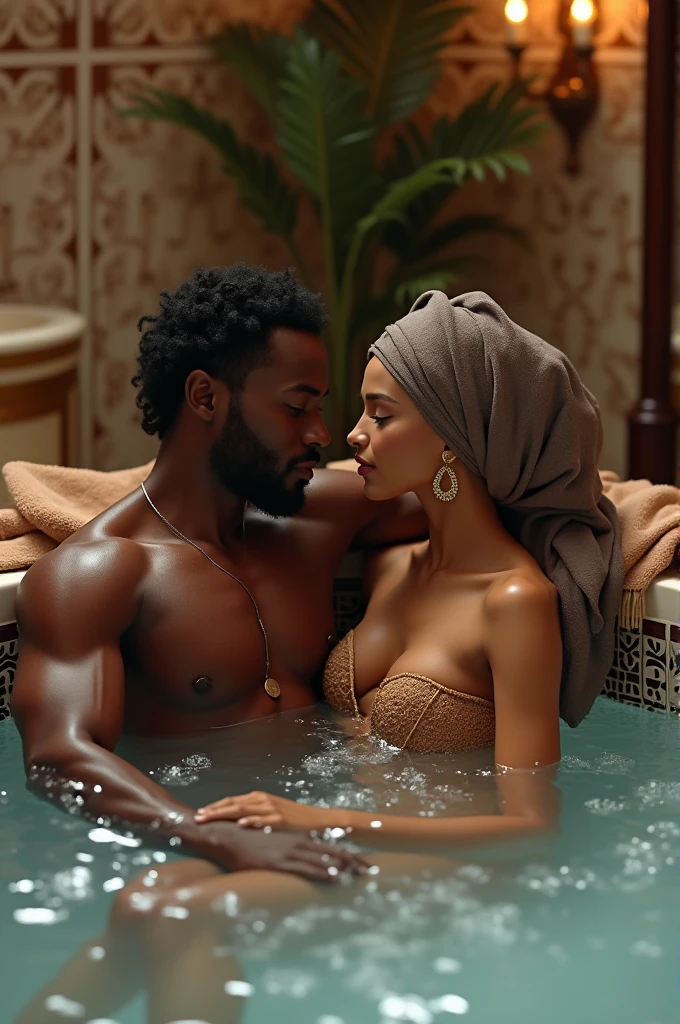 A african man in a Jacuzzi bathtub with a muslim woman
