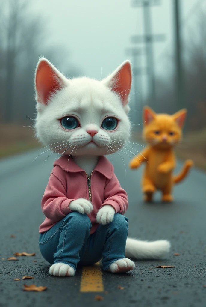 A weeping white cat dressed in pink top and blue jeans sitting on road and crying is left alone by a yellow cat who walks away with anger with tight fist