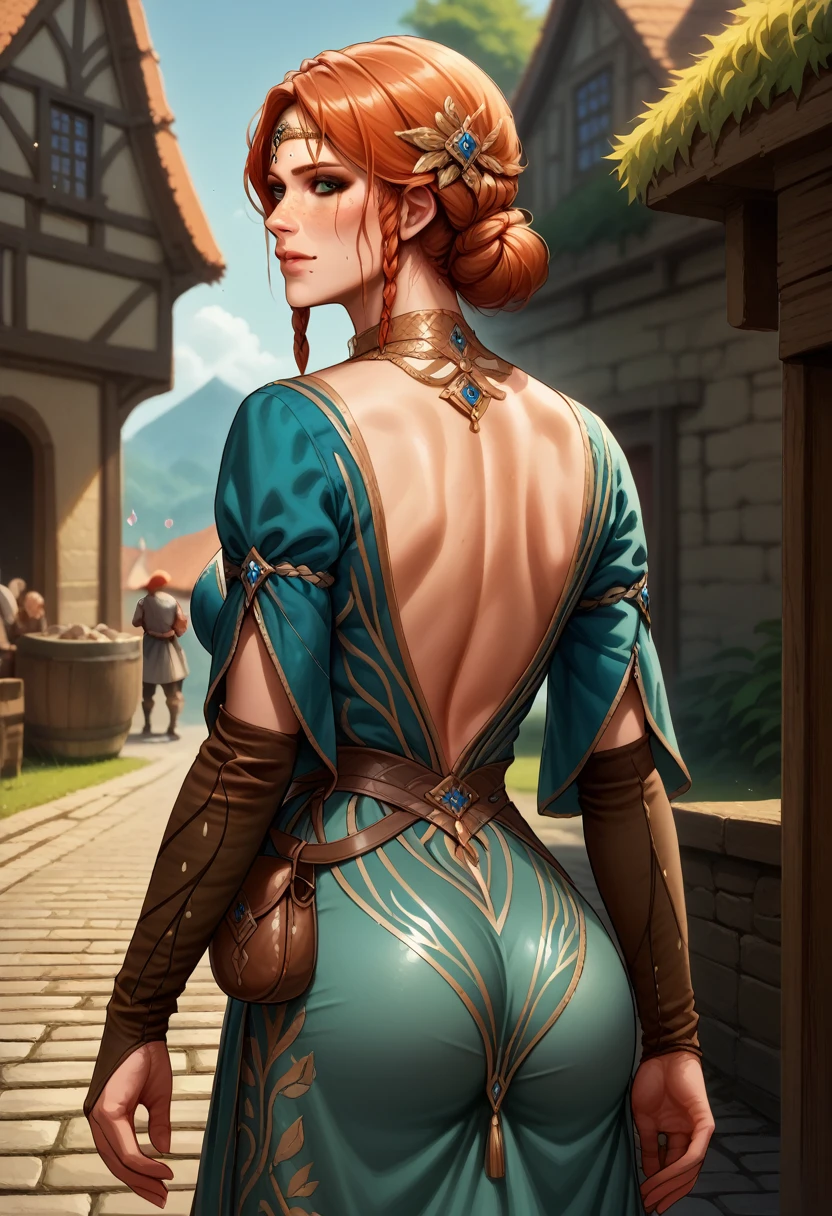 score_9, score_8_up, score_7_up, BREAK, score_9, TrssMeri, short hair, hair bun, elbow gloves, braid, dress, tiara, jewelry, freckles, pouch, looking at viewer, cowboy shot, ass, from behind, medieval, village