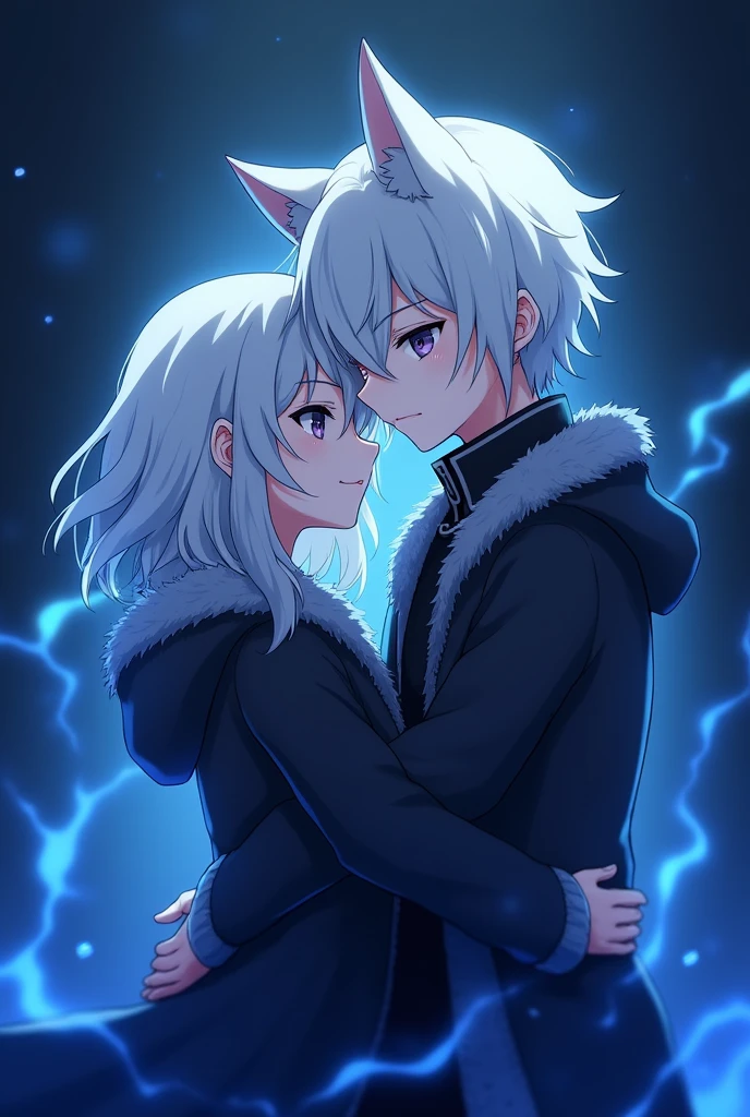 Anime boy put hand on anime girl anime girl face has some jealousy their clothes are back and some glowing Blue effect background are same like their clothes they looked little bit of dark both looking at me hugging each other make their clothes black jacket and make them younger and more young a look little bit of wolf white hair and make them younger make both hair white and make look little bit of wolf remove his hand from head make hug seane her hand behind him and make them younger their clothes has some blue pattern
