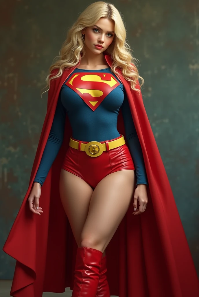 A SEXY BUSTY BLONDE TEEN FEMALE WITH BLUE EYES WEARING A 1970 SPLIT OPEN V BUTTONLESS FULL LENGTH BLUE V BLOUSE WITH A "S" EMBLEM ON THE RIGHT SIDE OF HER CHEST, A PAIR OF RED LEATHER SHORTS WITH A YELLOW SUPERMAN BELT, TALL RED HEELED BOOTS, AND A LONG FLOWING RED CAPE. PHOTO REALISTIC, HYPER DETAILED AND TEXTURED.