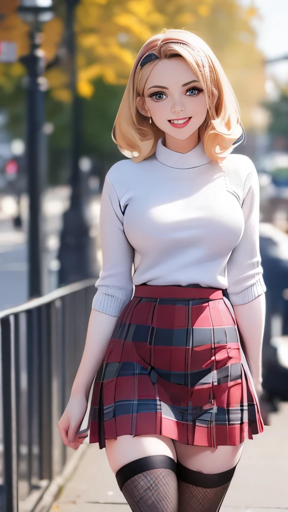 a woman in a plaid skirt and sweater standing on a sidewalk, plaid skirt, young beautiful amouranth, better known as amouranth, fishnets and a long tartan skirt, adorable outfit, amouranth, 5 0 s style, 50s style, plaid tights, 1950s vibes, thighhighs and skirt, with a red skirt