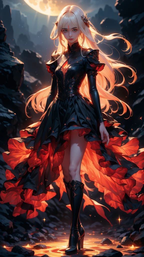 anime Girl with long white hair down to her waist, with small red details, red eyes, long black dress with a leg slit, with red details, long black boots up to below the knees, white skin, the ground around her is cracking and small stones are floating around her surrounded by a black aura, she is surrounded by shadows, and the background is dark like the night with the universe and stars, her presence causes fear, her shadow appears to be a monster, 8k, high quality, full body, (ultra-realistic), {extremely detailed 8k CG unit wallpaper}, expansive landscape photograph, (light: 2.0), (warm light source: 1.5), complex details, (iridescent colors: 1.5), (bright lighting), (atmospheric lighting), surreal, impressive, fantasy, (Solo: 1.2), White moon, (detalles ultra épicos), efecto de muchas aguas, rayos y truenos, caos, naturales, destello, 3D, 8K, fondo de pantalla, dark monster like shadow with big teaths en estilo de arte de fantasía oscura, arte digital de fantasía épica, (cara detallada :1.4) 