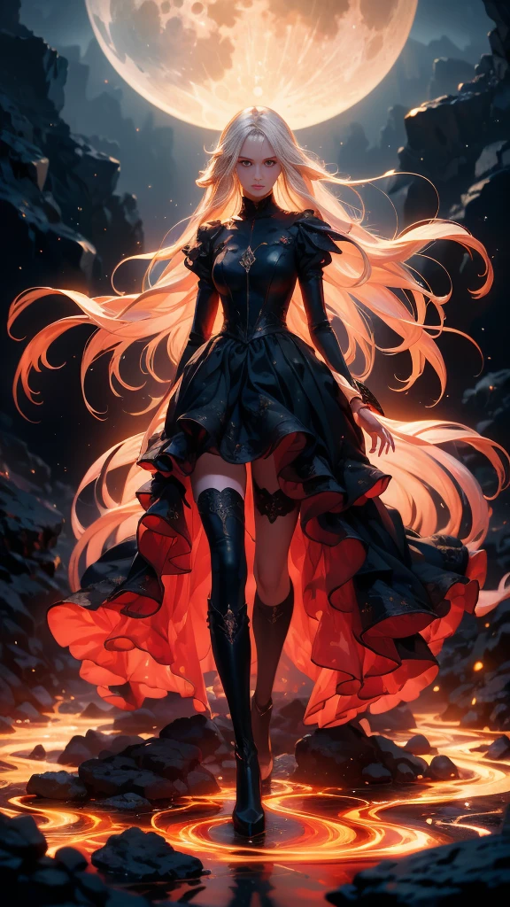 anime Girl with long white hair down to her waist, with small red details, red eyes, long black dress with a leg slit, with red details, long black boots up to below the knees, white skin, the ground around her is cracking and small stones are floating around her surrounded by a black aura, she is surrounded by shadows, and the background is dark like the night with the universe and stars, her presence causes fear, her shadow appears to be a monster, 8k, high quality, full body, (ultra-realistic), {extremely detailed 8k CG unit wallpaper}, expansive landscape photograph, (light: 2.0), (warm light source: 1.5), complex details, (iridescent colors: 1.5), (bright lighting), (atmospheric lighting), surreal, impressive, fantasy, (Solo: 1.2), White moon, (detalles ultra épicos), efecto de muchas aguas, rayos y truenos, caos, naturales, destello, 3D, 8K, fondo de pantalla, dark monster like shadow with big teaths en estilo de arte de fantasía oscura, arte digital de fantasía épica, (cara detallada :1.4) 