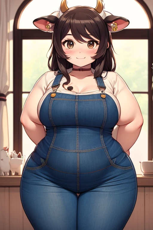 Plump, big breasts, black hair, brown eyes, chubby, smile, (cow girl Kemonomimi: 1.5), blue jeans overalls, longer hair, anime, (plump belly:1.4), BBWchan