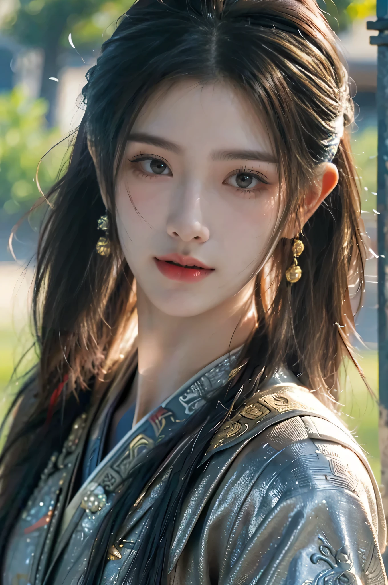 Game art，The best picture quality，Highest resolution，8k，(A bust photograph)，(Portrait from bust:1.5)，(Head close-up)，(Rule of thirds)，Unreal Engine 5 rendering works， (The Girl of the Future)，(Female Warrior)， 
20-year-old girl，(The warrior in ancient China)，An eye rich in detail，(Big breasts)，Elegant and noble，indifferent，(Brave)，
(The costume of Chinese swordsman elements，Costumes of ancient Chinese characters，A random pattern of clothing，Ribbon，Joint Armor，Rich dress details，)Chinese Characters，Fantasy style，
Photo poses，Field background，Movie lights，Ray tracing，Game CG，((3D Unreal Engine))，oc rendering reflection pattern