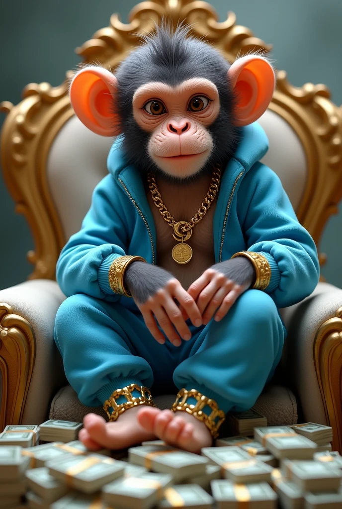 A light brown age monkey wearing a blue track suit and gold accessories and sitting on a throne of cash nft style art and counting the cash 