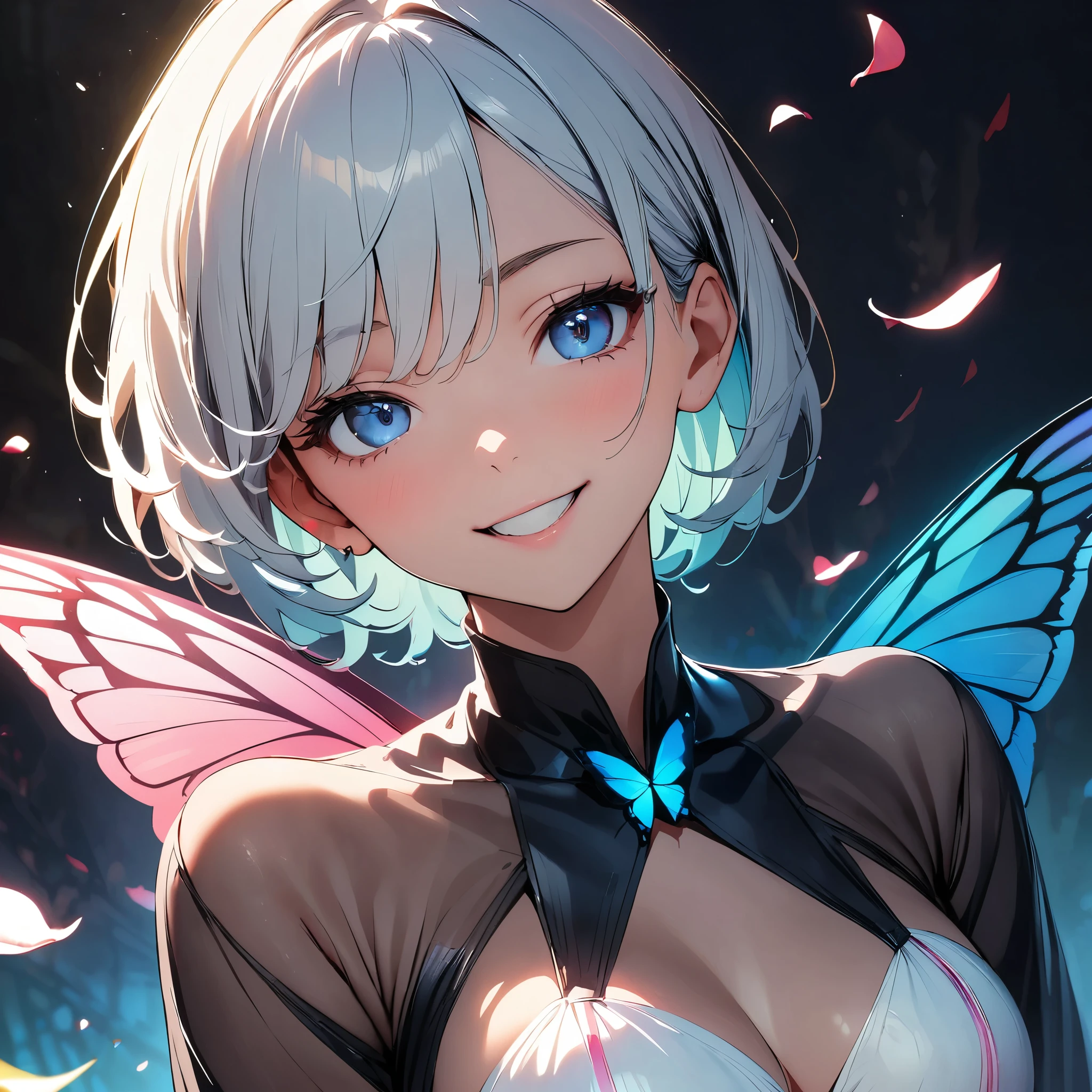 With butterfly wings, Beautiful young woman surrounded by flower petals, Detailed face, Long eyelashes, Graceful pose, Captivating smile, ((crazy smile)), Tilt your head, Clothing that fits the lines of the body, Glowing Thin Film Interference Costume, Cinema Lighting, Calm colors, Mysterious, Ultimate fantasy, (Highest quality:1.2, Very detailed, Latest, Vibrant, Ultra-high resolution, High Contrast, masterpiece:1.2, Best aesthetics), (((1 person))), Carefully drawn, Petals fluttering, wood々Leaf background, Soft Focus, Cinema Lighting, Exquisite detail