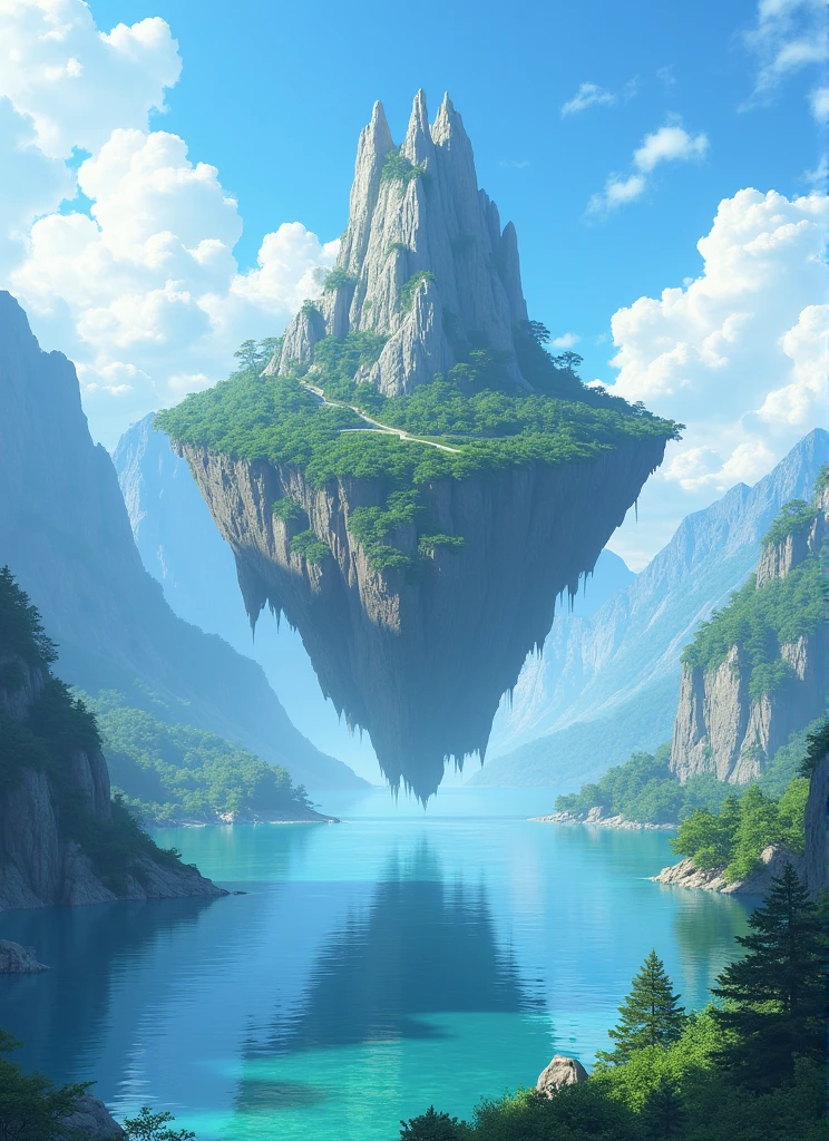 There is a picture of a lake on a mountain, 4k highly detailed digital art, Floating mountains, 4k detailed digital art, Detailed scenery —width 672, 4k hd wallpapers very detailed, Beautifully detailed pixel art, Detailed Dreams, Floating island, 8k high quality detailed art, Floating island in the air, Extremely high detail, Shinkai Makoto Cyril Rolando, Cyril Rolando and Goro Fujita, Amazing wallpapers, Floating island, Fantasy Landscape Art, Cyril Rolando (Cyril Rolando) of inspiration, Cyril Rolando 和 M.Vacaruta, Cyril Rolando 和 M. Vacaruta