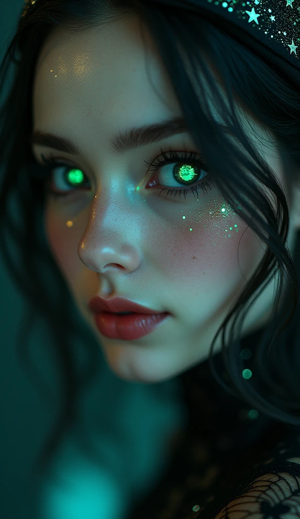 # Prompt 1
"Generate a close-up portrait of a beautiful woman with smooth, porcelain skin and large, luminous eyes. Her hair is dark, cascading in gentle waves, but her pupils are slit like a cat's. Subtle bioluminescent patterns glow faintly on her cheekbones, adding an otherworldly allure. The background is dark, with soft, mysterious lighting highlighting her features."

# Prompt 2
"Create an image of an ethereal woman with delicate features and long, flowing silver hair. Her eyes are vibrant and mesmerizing, with iridescent colors that shift in the light. She has a serene expression, but her pupils are oddly shaped, like stars. Her skin has a slight shimmer, as if dusted with stardust, and there’s an eerie, soft glow around her."

# Prompt 3
"Design a close-up of a stunning woman with strikingly symmetrical features and deep, soulful eyes. Her skin is flawlessly smooth, but there's something odd about her; her eyes are pure black, without whites or irises. Her lips are full and a deep red, contrasting with her pale complexion. The atmosphere should be dark and moody, with a hint of gothic elegance."

# Prompt 4
"Create an image of a hauntingly beautiful woman with sharp, angular features and a mysterious aura. Her eyes are a piercing icy blue, but there is something unusual about them—they have multiple irises. Her long, dark hair flows around her like a shadow, and her skin is pale with a hint of silver. The background should be dark, with faint, glowing symbols subtly appearing around her."

# Prompt 5
"Generate a close-up portrait of a captivating woman with an almost perfect face, but her beauty is unsettling. Her eyes are too large and luminous, with iridescent green hues, and her smile is slightly too wide. Her skin is porcelain-like with a faint glow, and she has long, silky white hair. The setting should be otherworldly, with a dark, starry background that enhances her enigmatic presence."