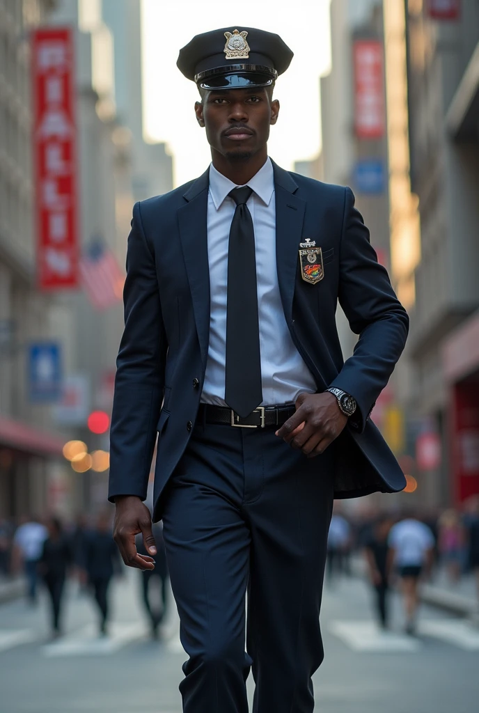 Make me a tall, thin, black-skinned police officer with a gay streak