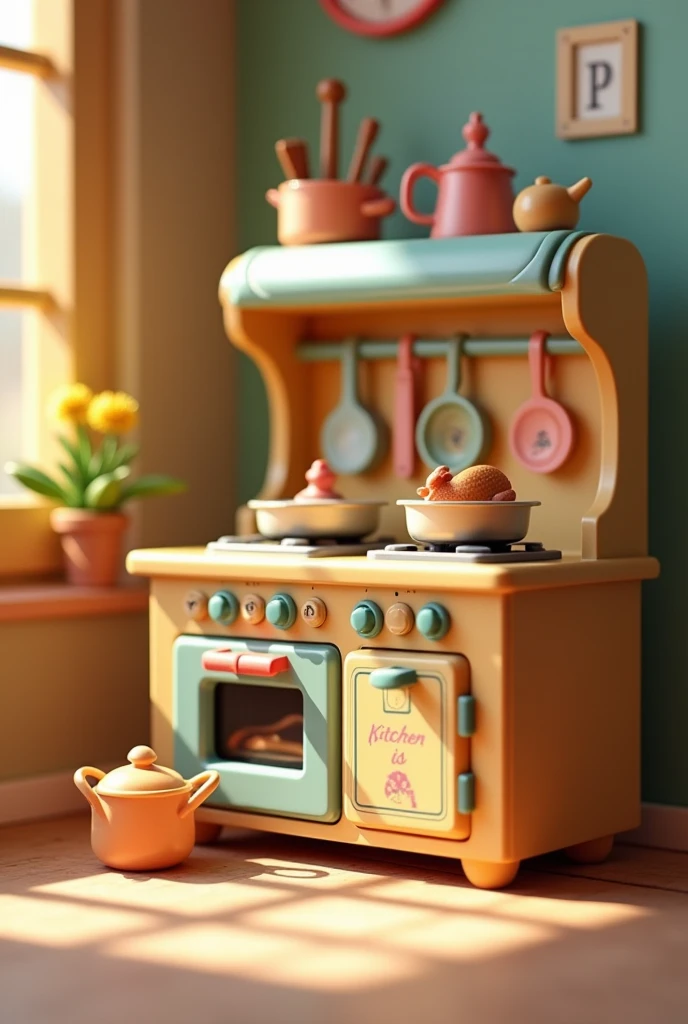 A beautiful little toy kitchen with toy utensils and chicken making toy stove