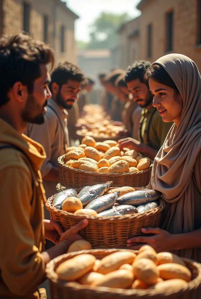 show baskets full and overflowing with bread and fish to feed hungry people