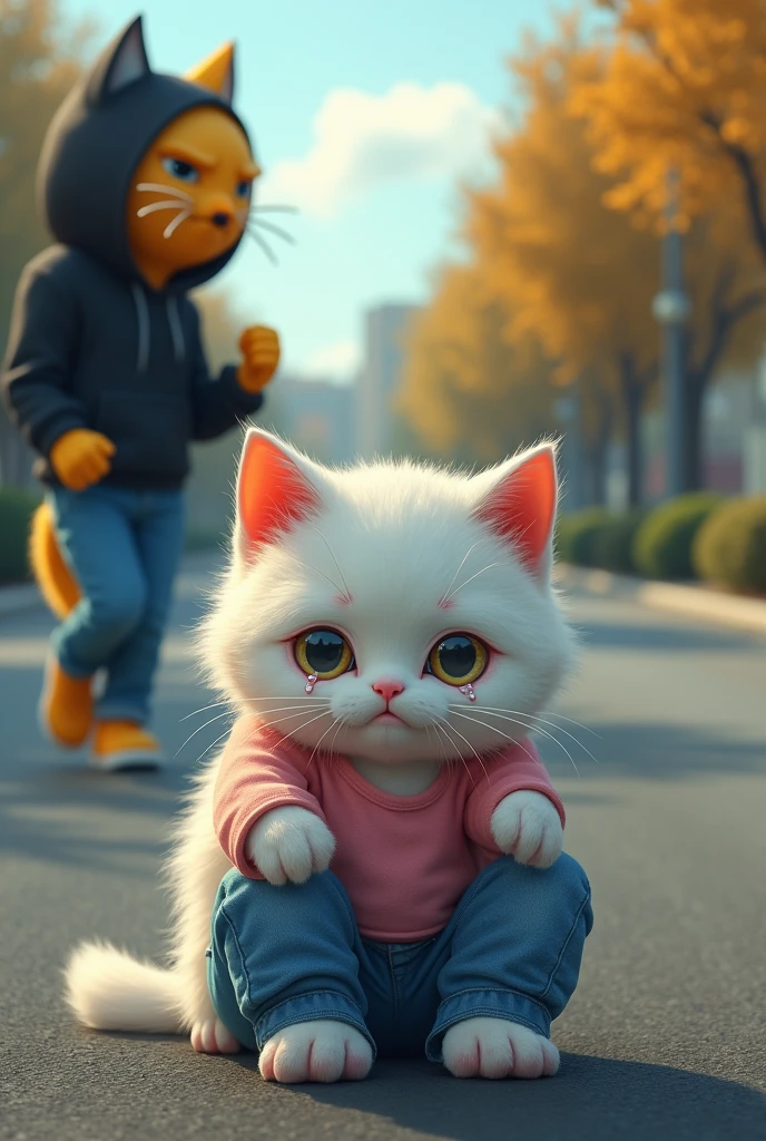 A weeping  white cat dressed in pink top and blue jeans sitting on road and crying  is left alone by a yellow cat  dressed in black hoodie and blue jeans who walks away with anger with tight fist