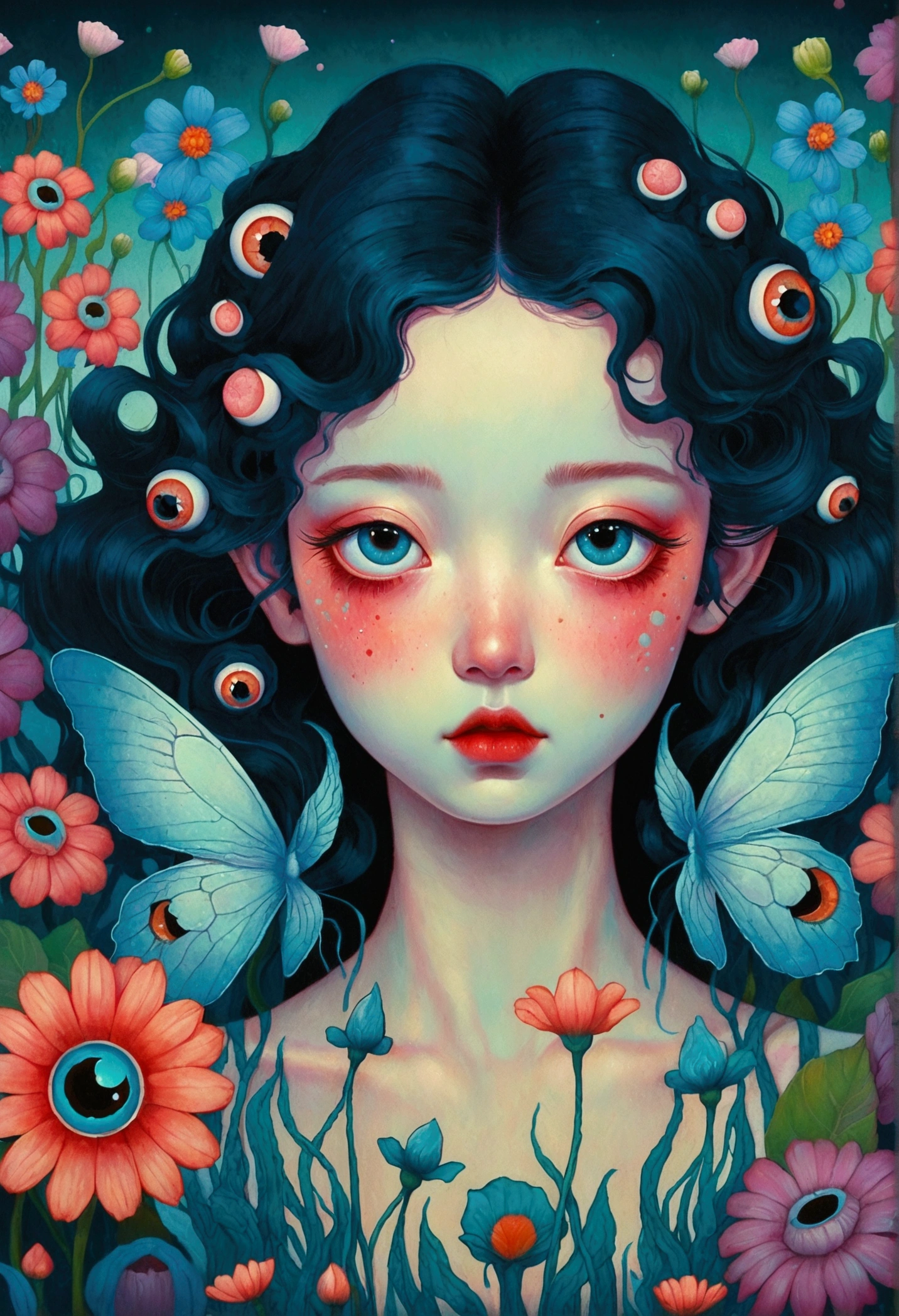 A poster，There is a flower，There are big eyes on it，Surrounded by flowers, Digital art inspired by Marco Mazzoni, Winner of the Behance competition, Psychedelic Art, Psychedelic illustration, beeple 和 james jean, Surrealism psychedelic design, psychedelic Surrealism art, Surrealism + Very detailed, Surrealism design, Psychedelic cosmic horror, beeple 和 jeremiah ketner, Complex artwork. Neon eyes