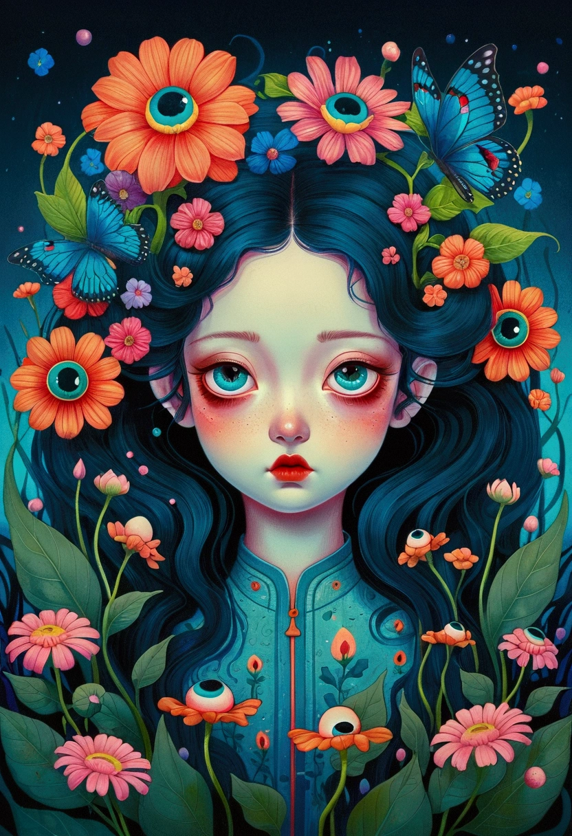 A poster，There is a flower，There are big eyes on it，Surrounded by flowers, Digital art inspired by Marco Mazzoni, Winner of the Behance competition, Psychedelic Art, Psychedelic illustration, beeple 和 james jean, Surrealism psychedelic design, psychedelic Surrealism art, Surrealism + Very detailed, Surrealism design, Psychedelic cosmic horror, beeple 和 jeremiah ketner, Complex artwork. Neon eyes