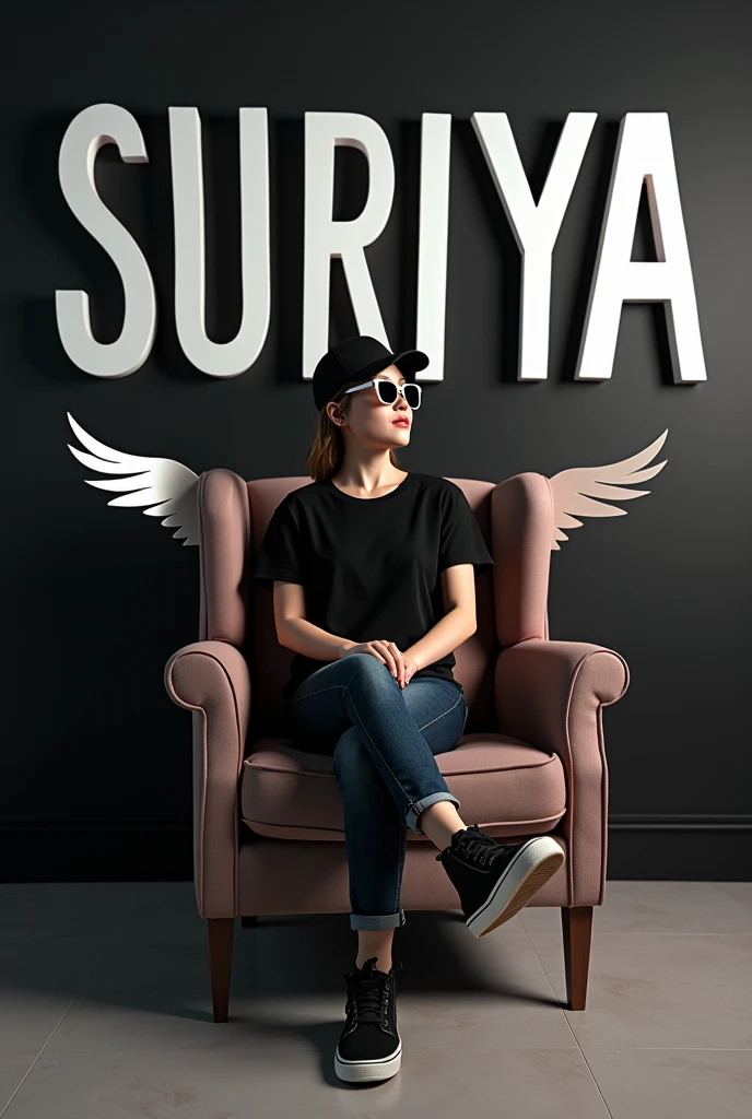 Create a 3D illusion for a Instagram profile picture where a 20 year's old girl in a black shirt sits casually on a Wingback Chair. Wearing sneakers, a black stylis cap, and sunglasses, he looks ahead. The background features "Suriya" in big and capital white fonts on the black wall. There should not be his shadow, and there are wings to make it appear as if he is an devil