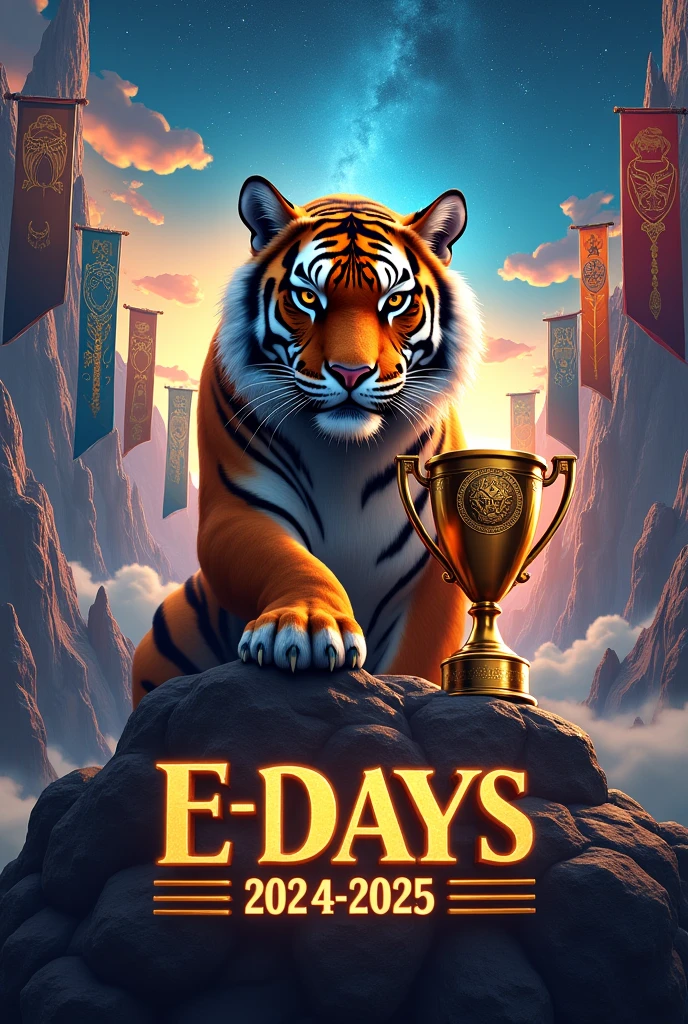 Pubmat/Main poster for Engineering Days 2024
- BIG Title Text in the Center: "E-Days" 2024-2025 (font type should be the same as percy jackson poster)
- use TIGER and TROPHY as main elements
- showcase the six houses and their logos through banners that are giving olympian vibes:
MUST GIVE OFF REALISTIC PERCY JACKSON AND THE OLYMPIAN VIBES. GREEK MYTHOLOGY
