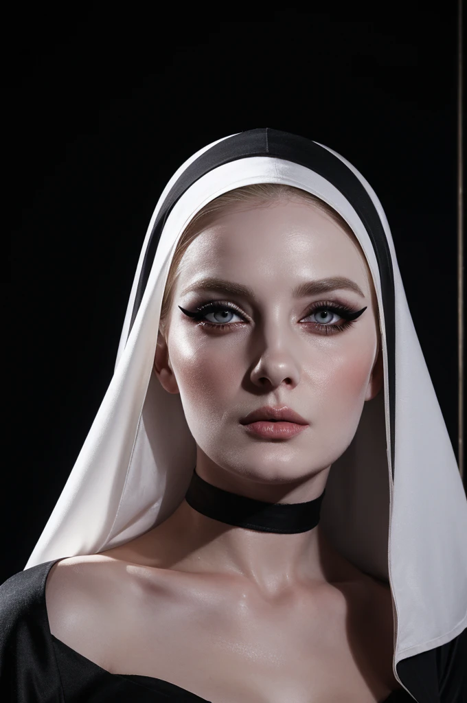 woman pretty, blonde, slicked back ,black nun veil, blonde hair , big breast,, pale skin , wearing italian dress, eyeliner ,foxy eyeliner , makeup ,pale woman painting, beautiful light deep focus, elegant, digital painting, smooth, dramatic lighting , 8k, art , black background,black background, black wallpaper