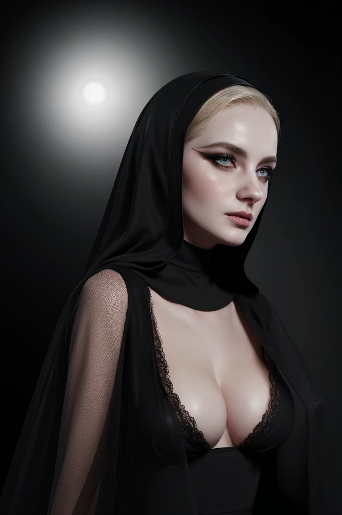 woman pretty, blonde, slicked back ,black nun veil, blonde hair , big breast,, pale skin , wearing italian dress, eyeliner ,foxy eyeliner , makeup ,pale woman painting, beautiful light deep focus, elegant, digital painting, smooth, dramatic lighting , 8k, art , black background,black background, black wallpaper