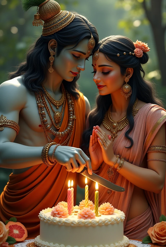 (photorealism:1.2), Krishna and Radha celebrating God Krishna's birthday Krishna cutting the cake with a knife Radha clapping her hands and wishing happy birthday