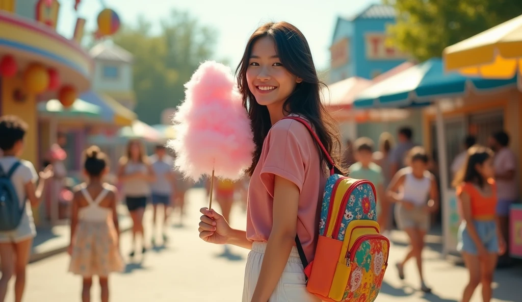 isabelle fuhrman film actress, young woman with long, dark hair, dressed in a pink blouse and a white skirt, with a colorful backpack, at an amusement park with many children playing around her, cheerful face while holding a cotton candy, trees and attractions in the background, Warm and sunny environment, realistic photography style, captured with a Canon EOS 5D Mark IV camera and a 50mm lens