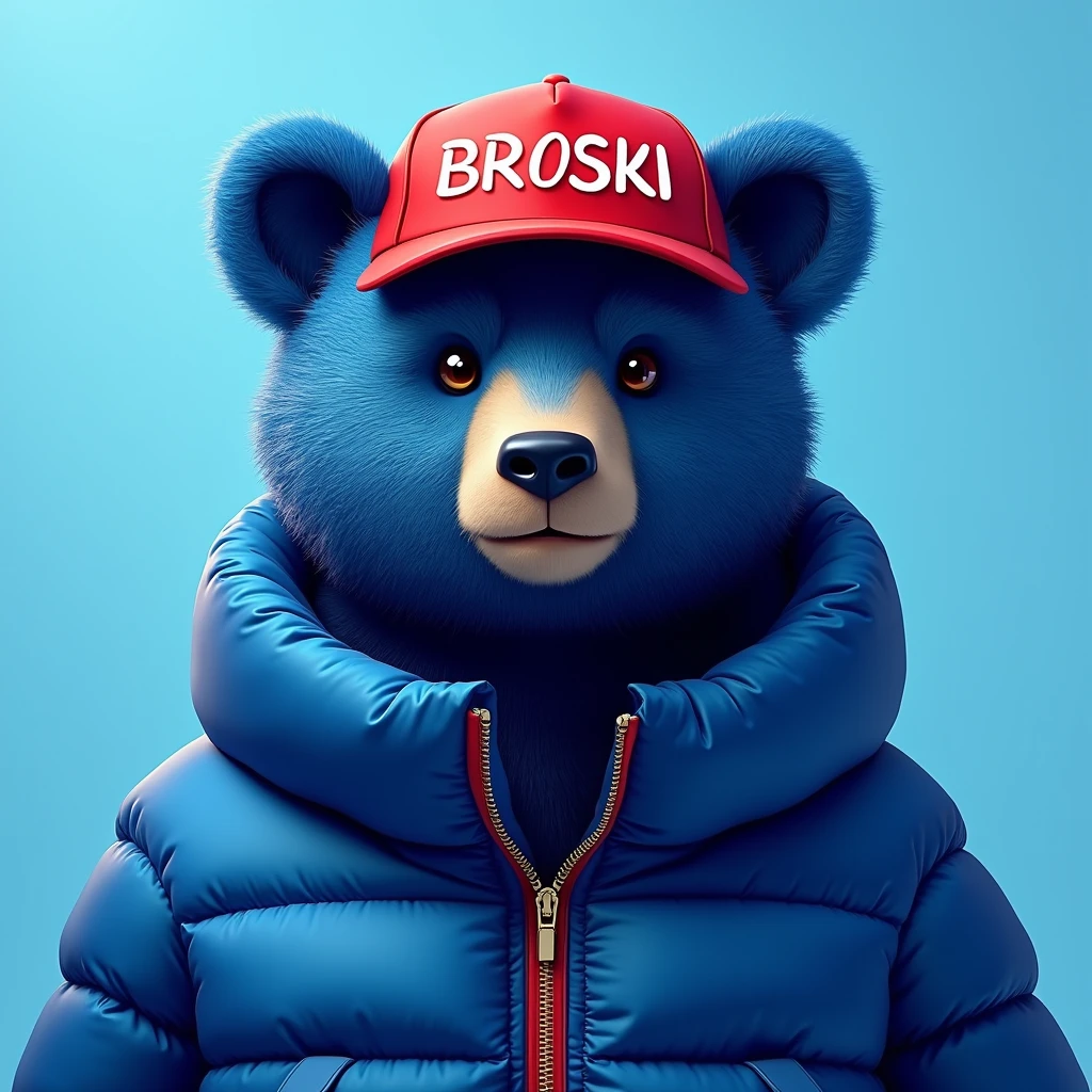 blue bear , light blue background , edgy , portrait , noble , red hat broski , capital letter BROSKİ on your hat , blue puffer jacket