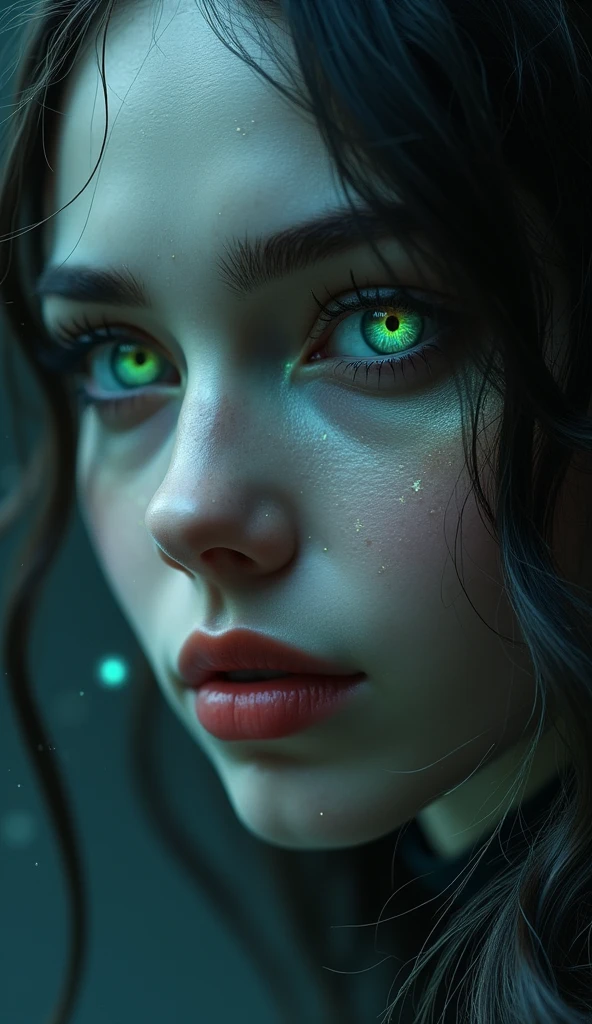 # Prompt 1
"Generate a close-up portrait of a beautiful woman with smooth, porcelain skin and large, luminous eyes. Her hair is dark, cascading in gentle waves, but her pupils are slit like a cat's. Subtle bioluminescent patterns glow faintly on her cheekbones, adding an otherworldly allure. The background is dark, with soft, mysterious lighting highlighting her features."

# Prompt 2
"Create an image of an ethereal woman with delicate features and long, flowing silver hair. Her eyes are vibrant and mesmerizing, with iridescent colors that shift in the light. She has a serene expression, but her pupils are oddly shaped, like stars. Her skin has a slight shimmer, as if dusted with stardust, and there’s an eerie, soft glow around her."

# Prompt 3
"Design a close-up of a stunning woman with strikingly symmetrical features and deep, soulful eyes. Her skin is flawlessly smooth, but there's something odd about her; her eyes are pure black, without whites or irises. Her lips are full and a deep red, contrasting with her pale complexion. The atmosphere should be dark and moody, with a hint of gothic elegance."

# Prompt 4
"Create an image of a hauntingly beautiful woman with sharp, angular features and a mysterious aura. Her eyes are a piercing icy blue, but there is something unusual about them—they have multiple irises. Her long, dark hair flows around her like a shadow, and her skin is pale with a hint of silver. The background should be dark, with faint, glowing symbols subtly appearing around her."

# Prompt 5
"Generate a close-up portrait of a captivating woman with an almost perfect face, but her beauty is unsettling. Her eyes are too large and luminous, with iridescent green hues, and her smile is slightly too wide. Her skin is porcelain-like with a faint glow, and she has long, silky white hair. The setting should be otherworldly, with a dark, starry background that enhances her enigmatic presence."