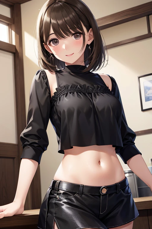 anegasaki nene、Shiny brown hair, short hair, (Beautiful brown eyes、Sparkling eyes, Fine grain)、smile、Ultra-detailed eyes、Highly detailed face, Highly detailed eyes,Cowboy Shot,
(masterpiece, Highest quality:1.2), software, , One person, alone, alone focus, short hair, smile, View your viewers, (())((Black tight cropped camisole)), mini skirt,
