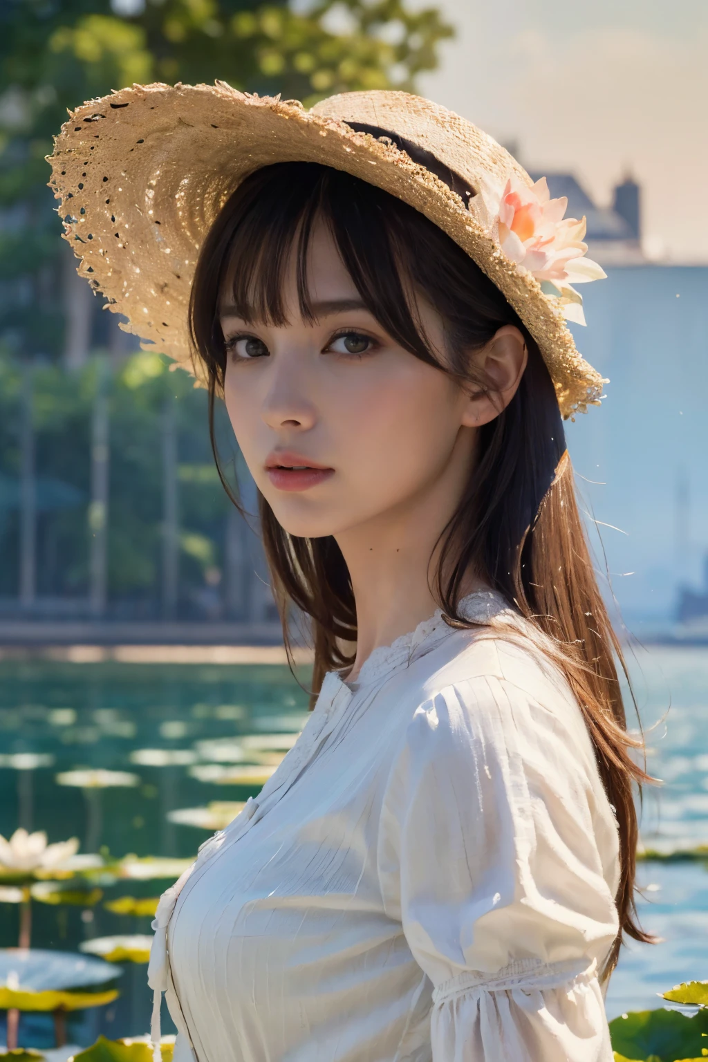 ((masterpiece:1.4, Highest quality)), (Realistic photos:1.4),
((1 person)), (Otherworldly beauty), (dream-like),
(超High resolution:1.2), Very delicate and beautiful, wonderful, Very detailed CG Unity 8k wall paper, Very detailed, High resolution,
Soft Light, Beautiful detailed, Very detailed eyes and face, Beautiful and detailed nose, Beautiful and detailed,
(A girl straight out of an impressionist painting, dressed in late 19th century French clothing:1.3), (Get on a small boat), (night), (Monet's Lotus Pond),
Cinema Lighting, Perfect Anatomy, Slender body, (Parted bangs),
(The world of impressionist painting:1.5), (Impressionist light and colour), (「water lily」),
Cowboy Shot