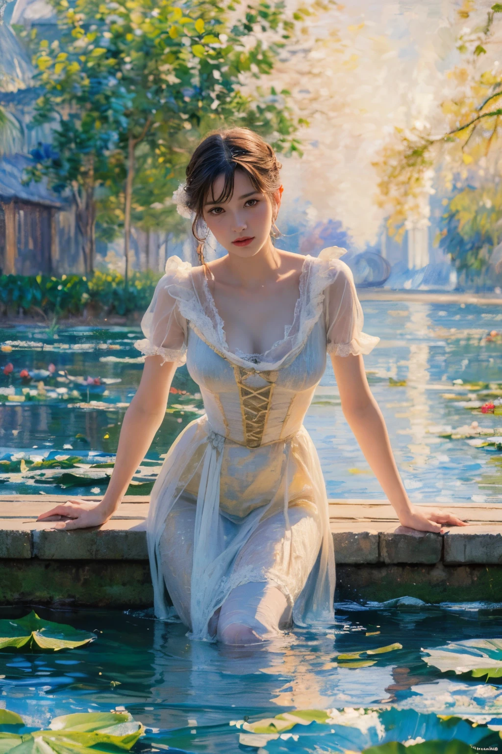 
((masterpiece:1.4, Highest quality)), (Realistic photos:1.4), 
((1 person)), (Otherworldly beauty), (dream-like),
(超High resolution:1.2), Very delicate and beautiful, wonderful, Very detailed CG Unity 8k wall paper, Very detailed, High resolution, 
Soft Light, Beautiful detailed, Very detailed eyes and face, Beautiful and detailed nose, Beautiful and detailed, 
(Dressed in late 19th century French costume:1.3), (Get on a small boat), (night), (Monet&#39;s Lotus Pond),
Cinema Lighting, Perfect Anatomy, Slender body, (Parted bangs),
(The world of impressionist painting:1.5), (Impressionist light and colour), (「water lily」),
Cowboy Shot