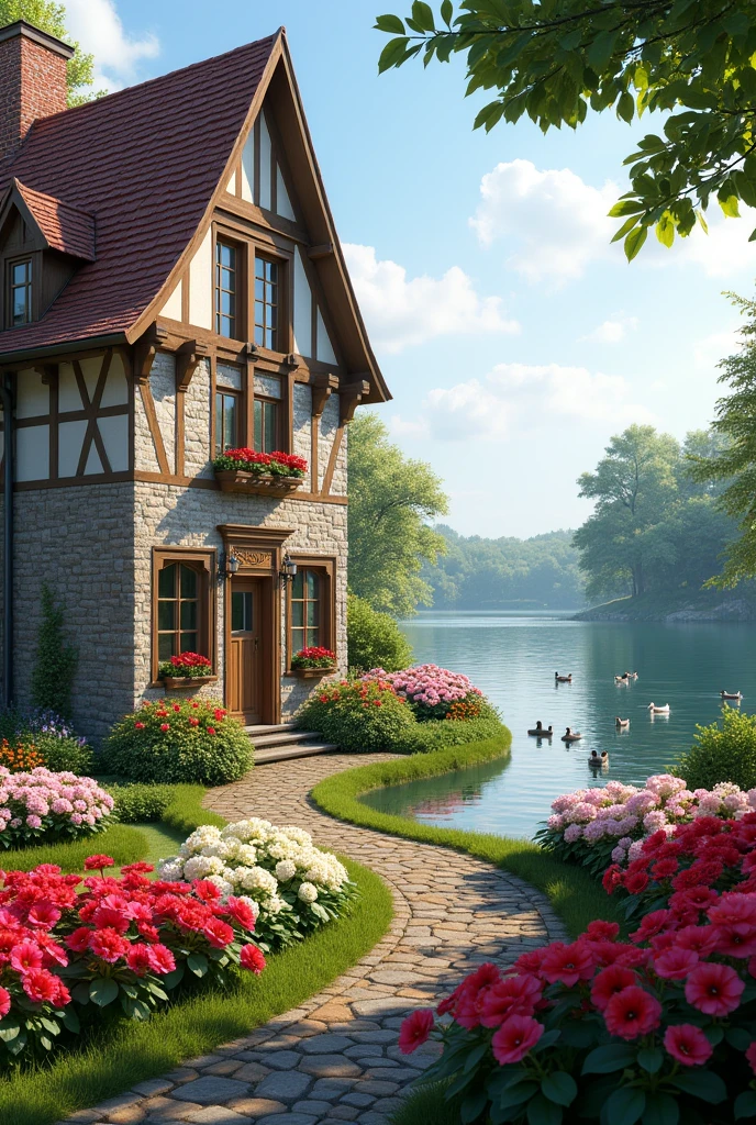 House with large windows with many geranium flowers and a lake with ducks in Europe 3D