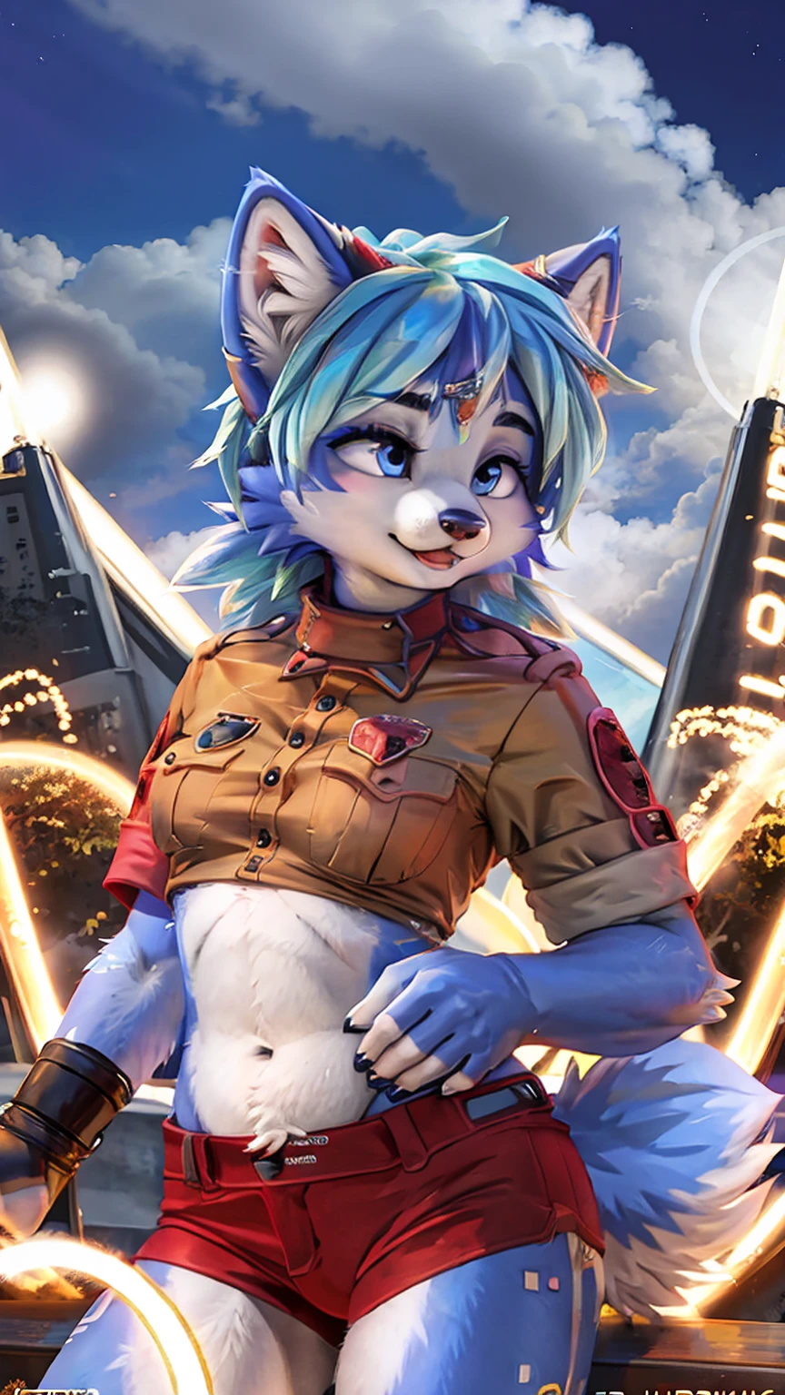 A beautiful and detailed (cute portrait) wa ((krystal)), Star Fox krystal, sslim, lovable, green eyes, medium breasts, (((Long blue hair 1.3))), Decollete, anthro, furry, Uploaded E621, detailed fluffy fur, (wa Fluff-Kevlar, Bayard Wu, Pino Daeni), detailed face, (fluffy), 1 girl, alone, sweet girl, uniform 