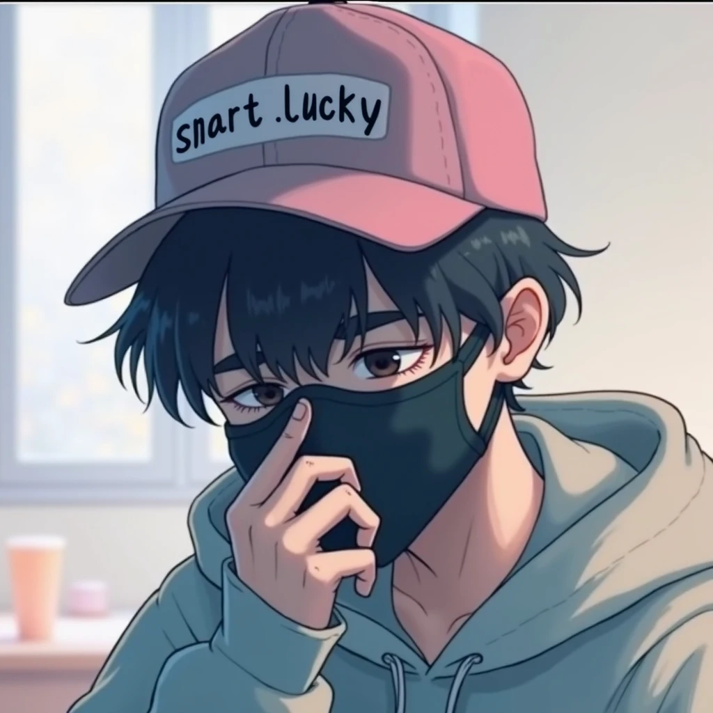 A digital illustration of a you person wearing a pink cap with the text SMART LUCKY on it. They have tousled dark hair partially covering their forhead  and are wearing a black face mask. The individual is touching the mask is with their hand,looking slightly downcast. They are dressed in a light-colored hoddie,and the background features soft,bluerd colorred,suggesting a casual setting