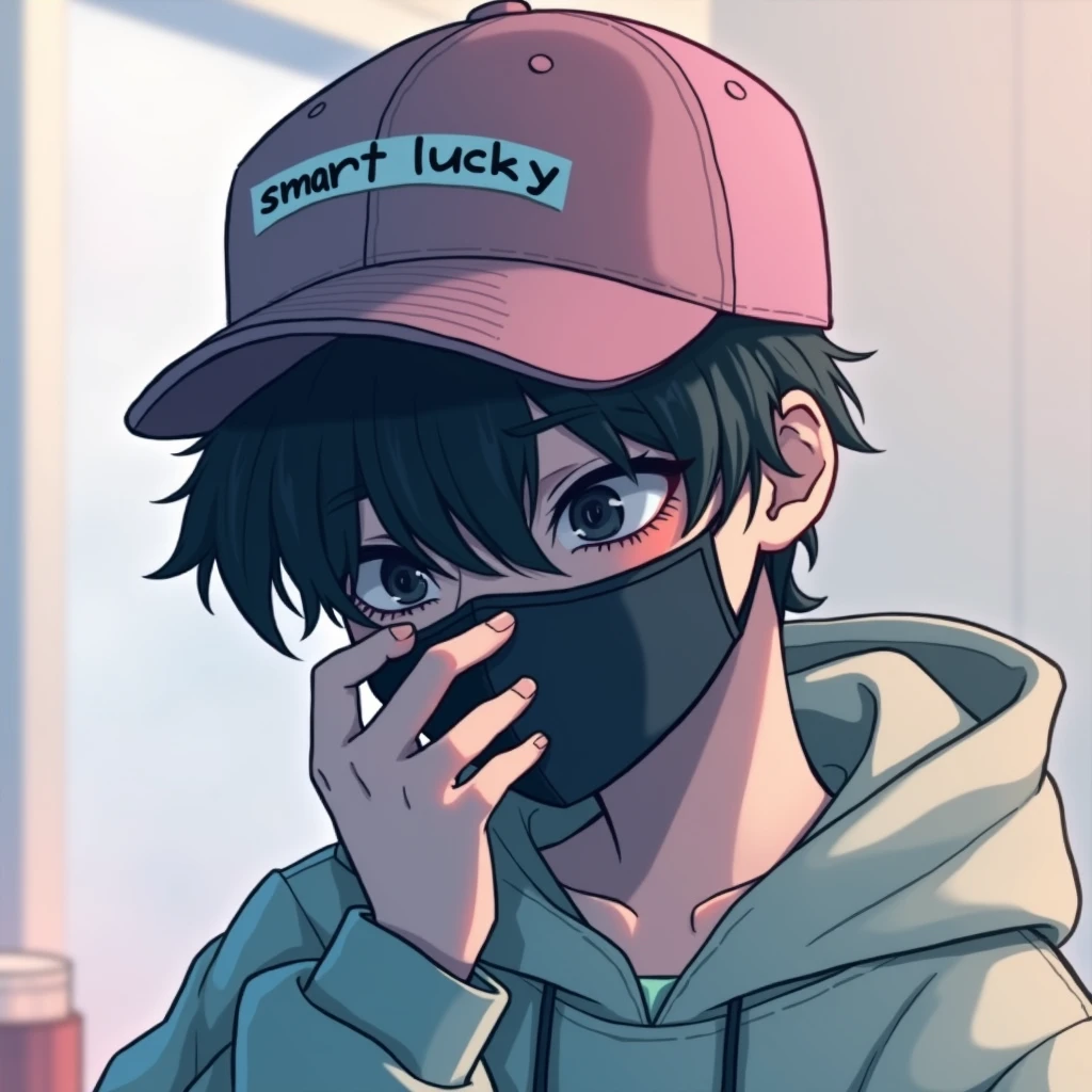 A digital illustration of a you person wearing a pink cap with the text SMART LUCKY on it. They have tousled dark hair partially covering their forhead  and are wearing a black face mask. The individual is touching the mask is with their hand,looking slightly downcast. They are dressed in a light-colored hoddie,and the background features soft,bluerd colorred,suggesting a casual setting