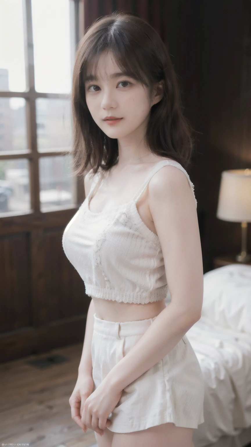 1girl, woman, masterpiece, best quality, highest quality, cinematic lighting, (volumetric lighting), extremely detailed CG unity 8k wallpaper, focused, 8k wallpaper, extremely detailed, ultra realistic, photorealistic, sharp focus, absurdres, (HDR:1.2), (high contrast), photograph, detailed and intricate, instagram, portrait, highly detailed, digital painting, artstation, concept art, smooth, sharp focus, illustration, cinematic lighting, (natural big breast), black short skirt, eyes looking at the viewer, ((medium shoulder)), (skinny legs), (slender body), (((height 163cm))), (HQ skin:1.4, Realistic human body structure), (medium body shot, hips level shot), (aerial shot photo), (wearing knit strap tank top, mini skirt), (pale skin of thighs), big breast:1.3