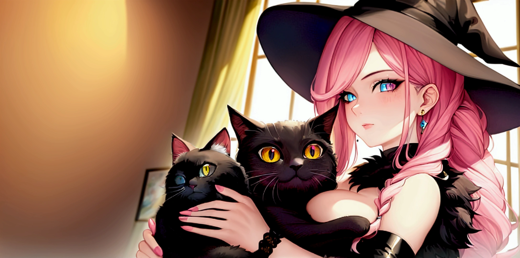 a woman with pink hair holding a black cat in her arms, super detailed face and eyes, beautiful painting of friends