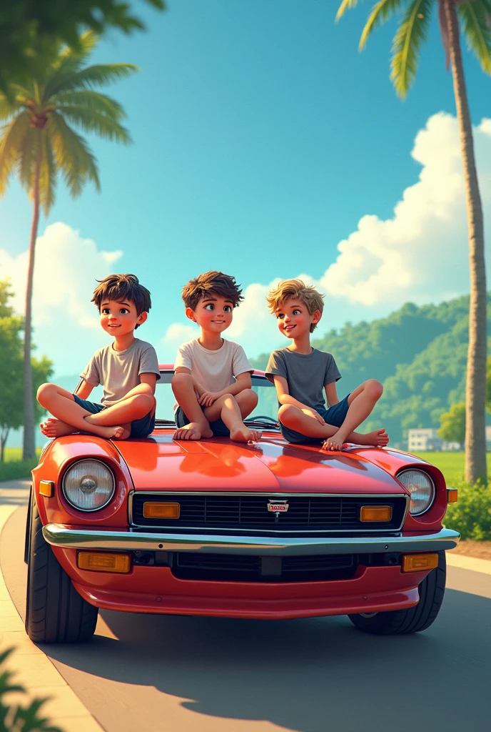 Me and another two boy frnds siting on a gtr skyline car and the summer atmosphere
