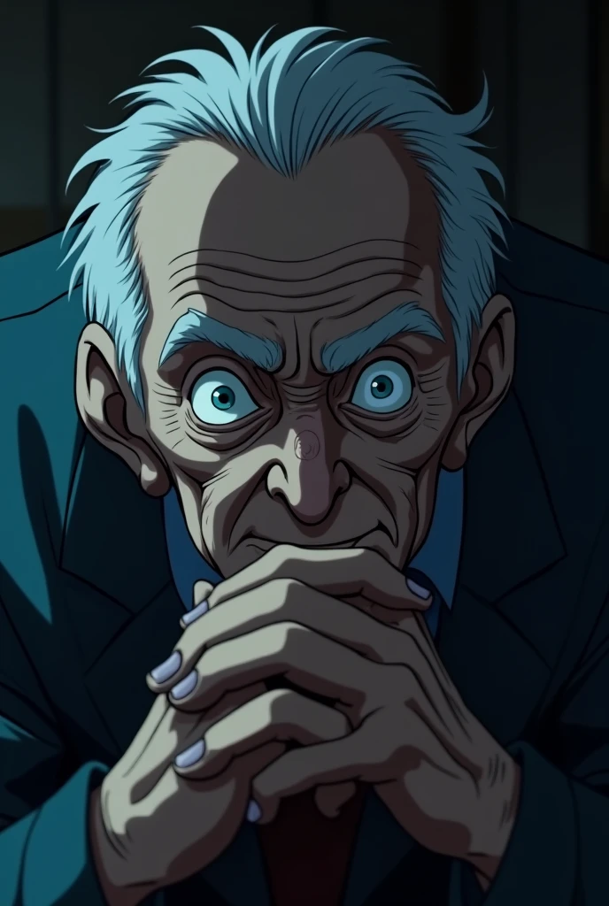 Anime style. Setting: Close-up of John Parker’s face, an old man, capturing his expression as he whispers about "The Devourer."
Focus: John’s face is pale, his eyes wide with fear as he reveals what he knows. His voice is barely audible, adding to the eerie atmosphere.
Details: His hands are still trembling, clasped together tightly in his lap. The shadows around his face emphasize the gravity of his words, and the dim lighting accentuates the lines of worry and fear etched into his features. Cinematic scene.