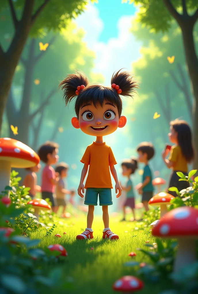 Cartoon girl with people around her in the forest