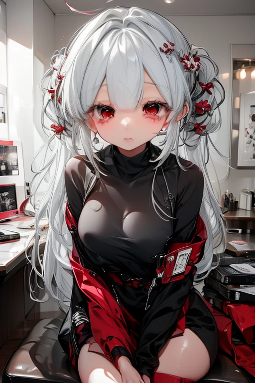 Produce an anime-style image, The girl, skin black, , it has ((Red eyes)) charming. {dark-skinned} white hair, The girl de corpo inteiro, Possession of a goddess, Portrait of character,((vertical)),Standing vertical with arms down, character sheet, vertical